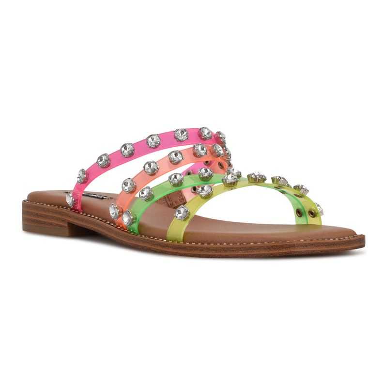 Nine West Evan Planos Chanclas Sandals Beige Rosas Multicolor | 2381-FIOTV