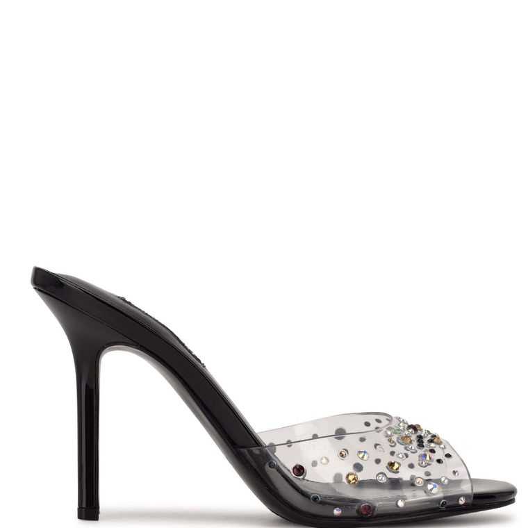 Nine West Ido Rhinestone Tacón Chanclas Negras | 4857-CUVNR