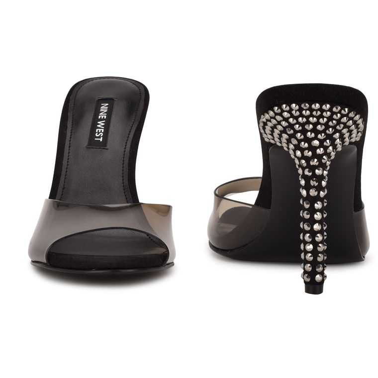 Nine West Ido Rhinestone Tacón Chanclas Negras | 6327-YWPKJ