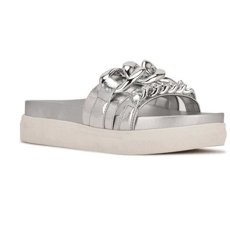 Nine West Nope Plataforma Chanclas Blancas Plateadas | 3507-YVFKW