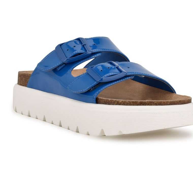 Nine West Simplee Plataforma Chanclas Azules | 4815-WTHQY