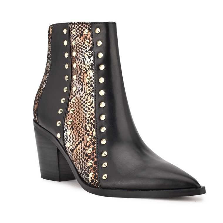 Nine West What Studded Block Booties Negras Doradas | 3270-BGLFN