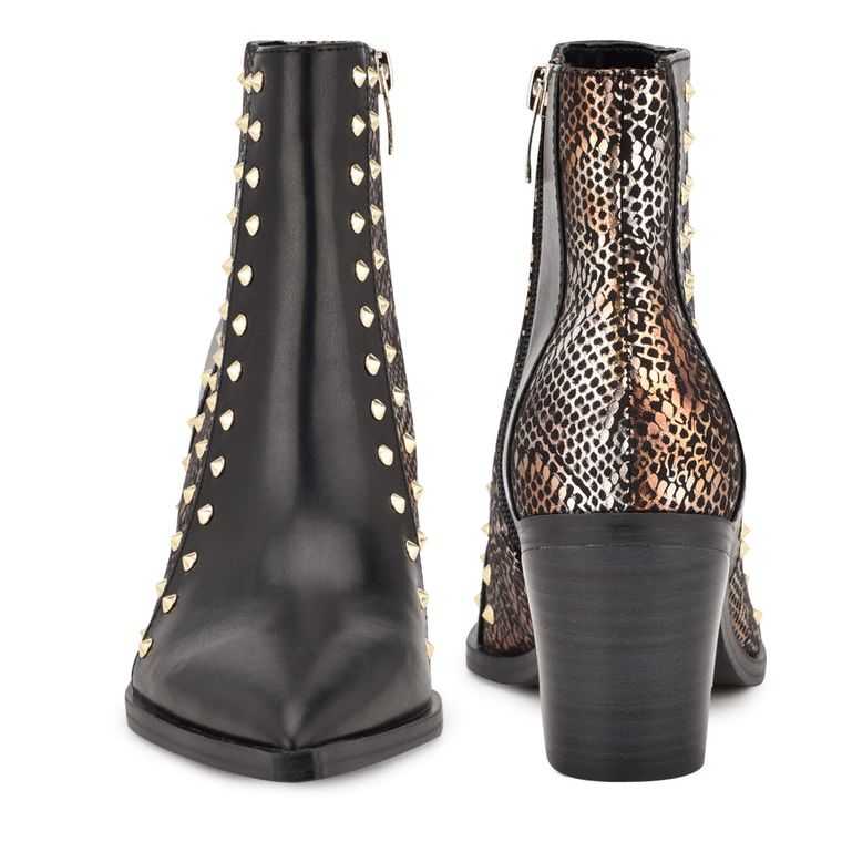 Nine West What Studded Block Booties Negras Doradas | 3270-BGLFN