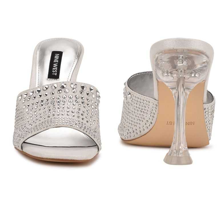 Nine West Ziptip Rhinestone Tacón Chanclas Plateadas | 2183-XOMQN