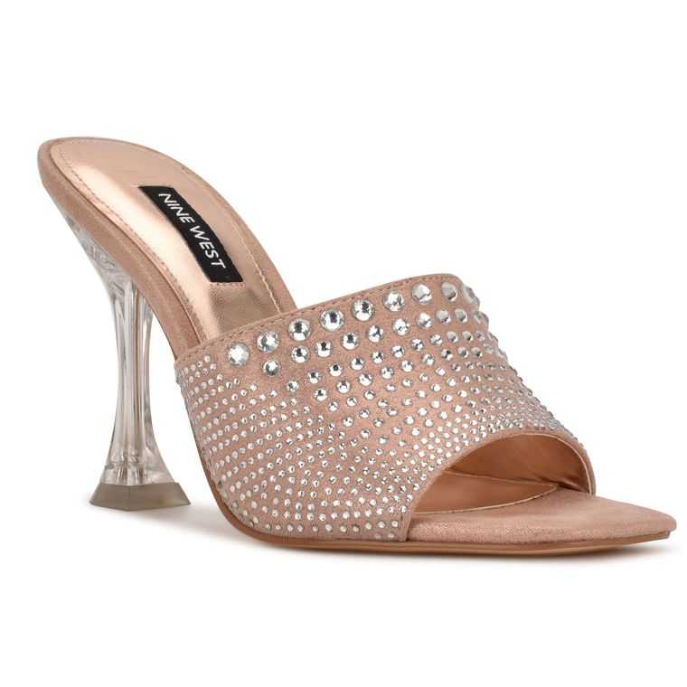 Nine West Ziptip Rhinestone Tacón Chanclas Beige | 6052-CRPAD